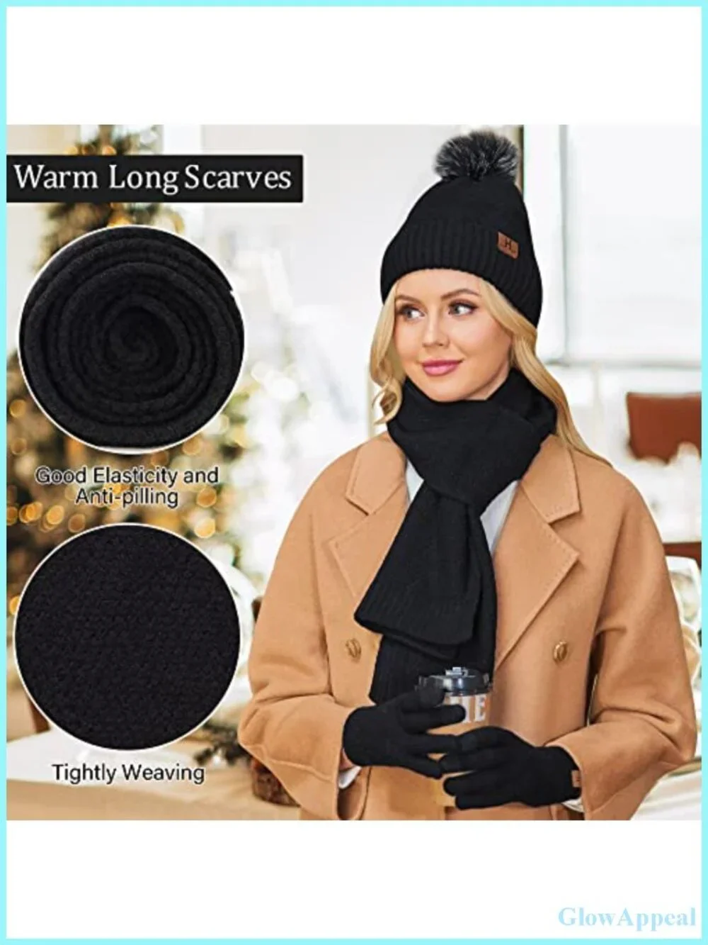 Women's Winter Beanie Hat Scarf Touchscreen Gloves 3-in-1 Knit Set